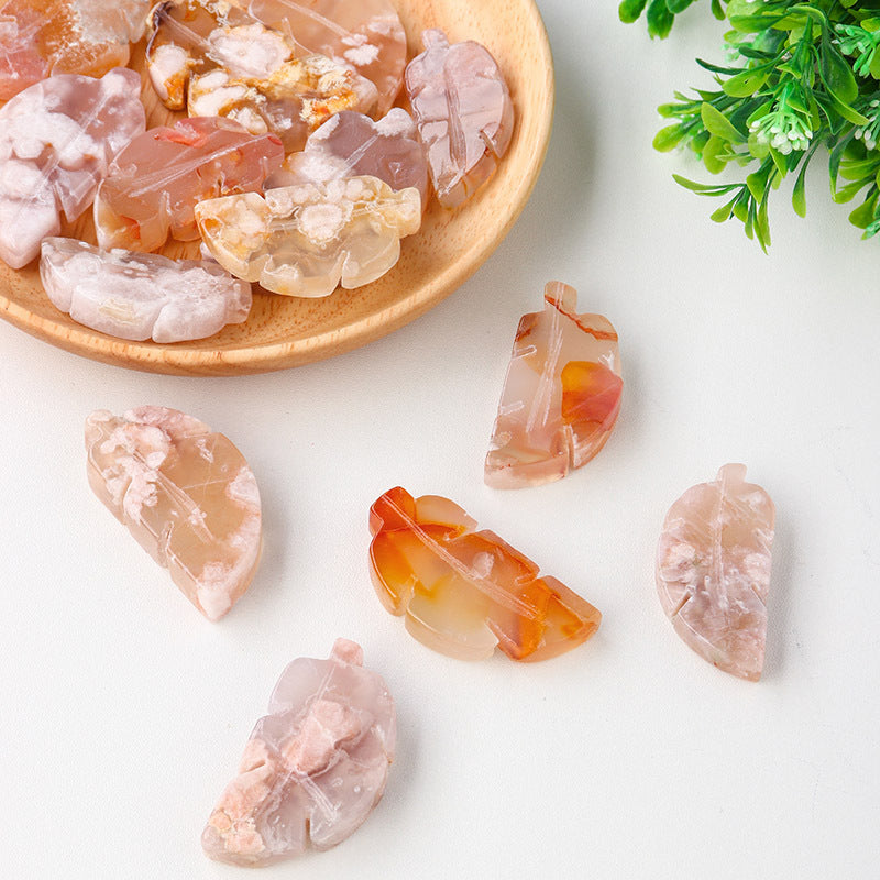 Natural Cherry Blossom Agate Crystal Leaf Pendant