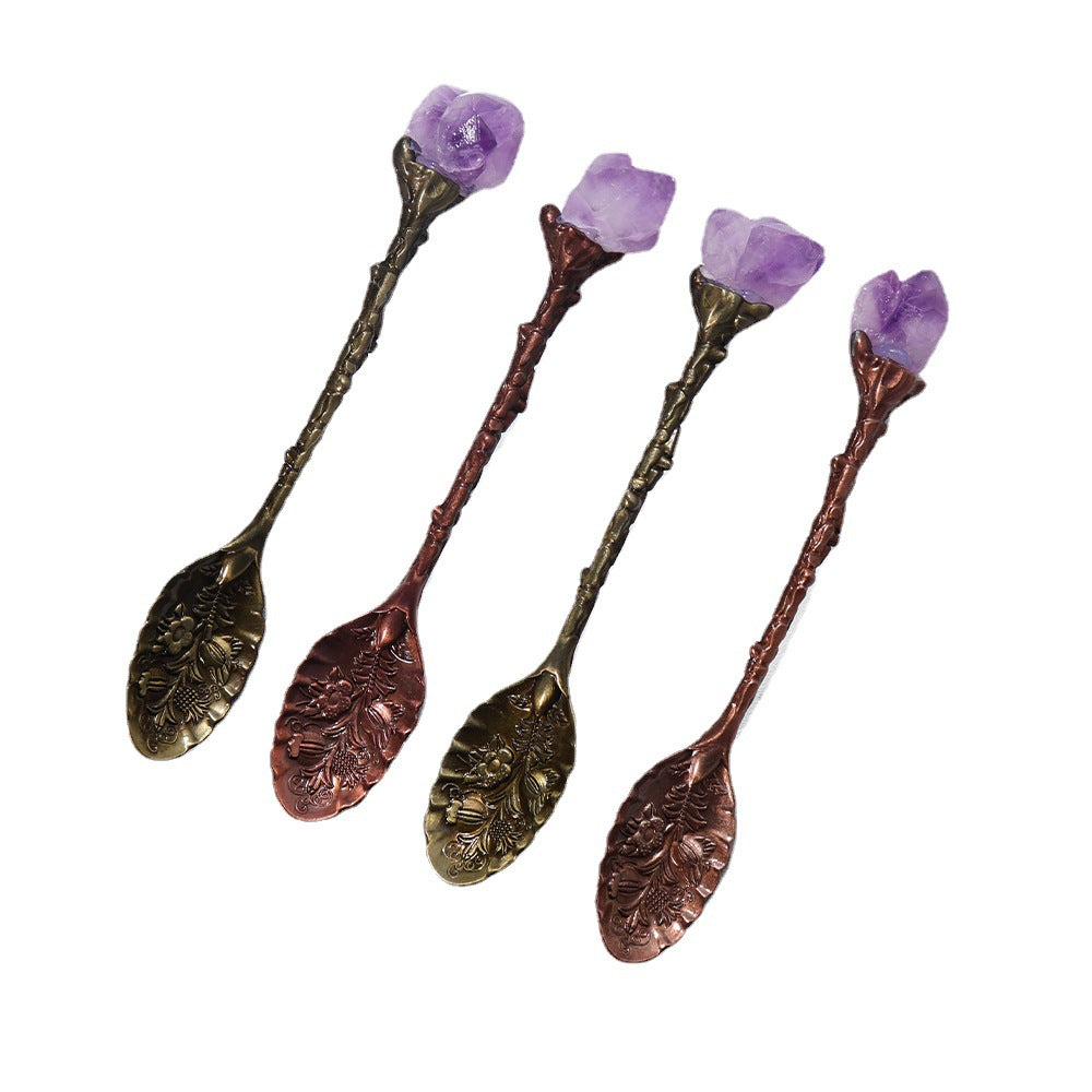 Donghai Natural Crystal Amethyst Tooth Brass Spoon