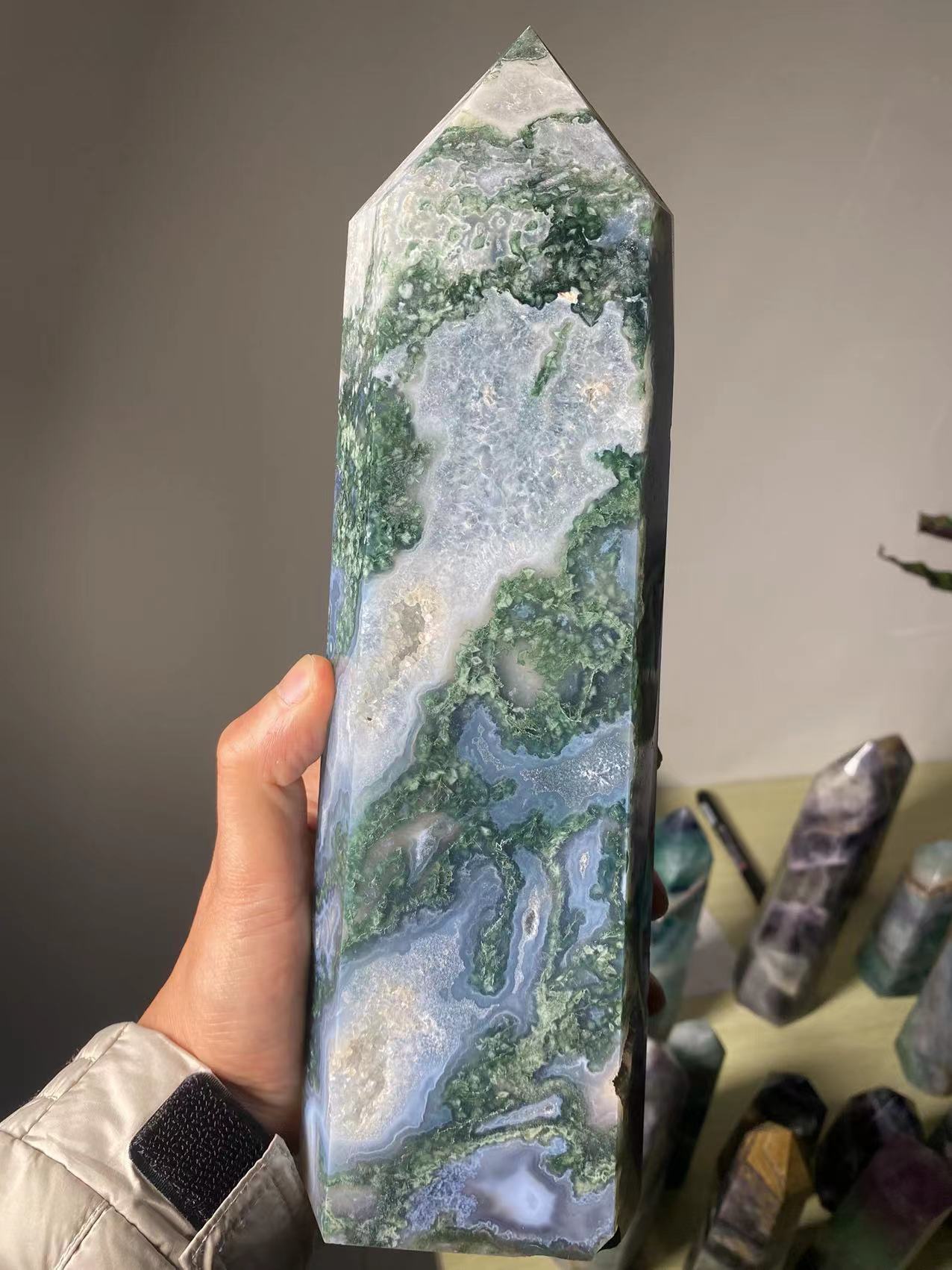 Natural Large Moss Agate Crystal Tower Ornament