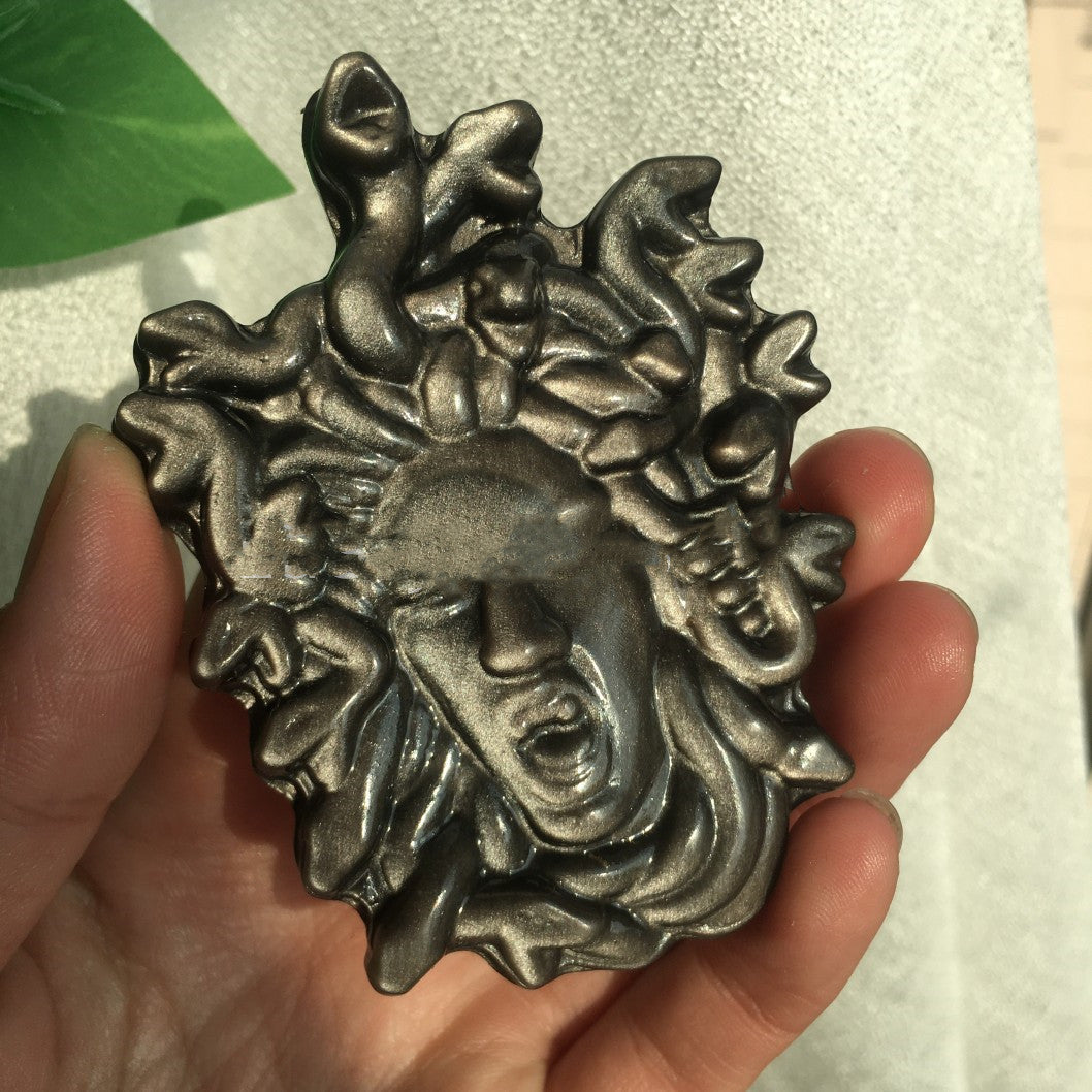 Natural Obsidian Medusa Carved Ornaments Home Office