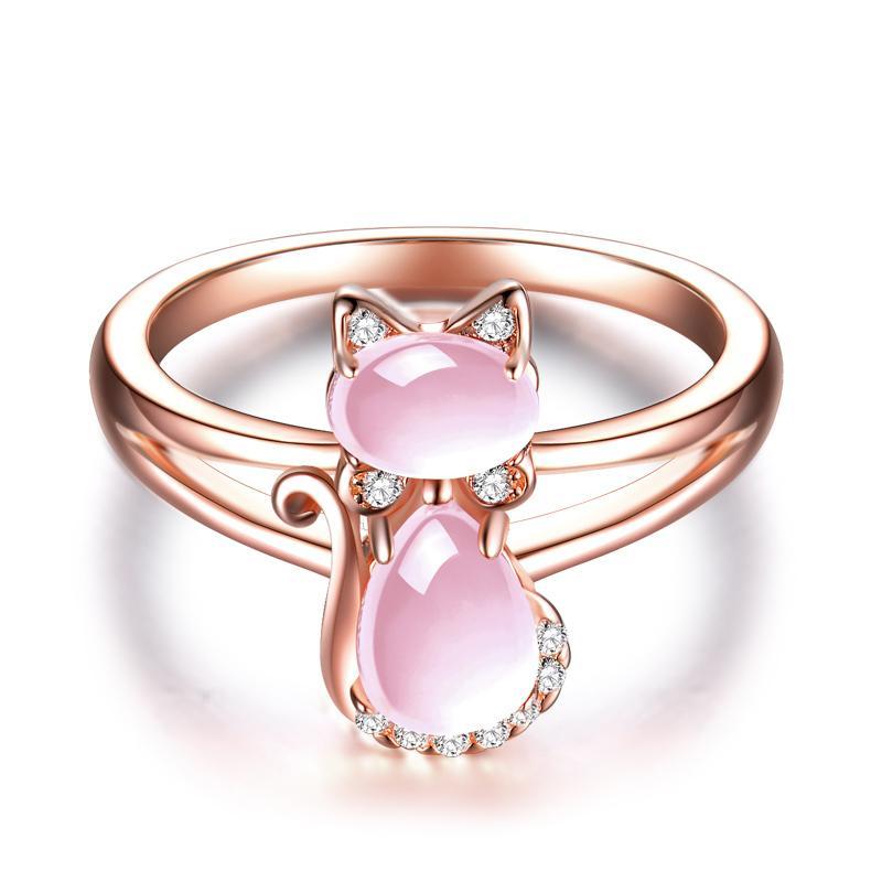 Quartz Crystal Rose Gold Plated Rhinestone Cat Ring