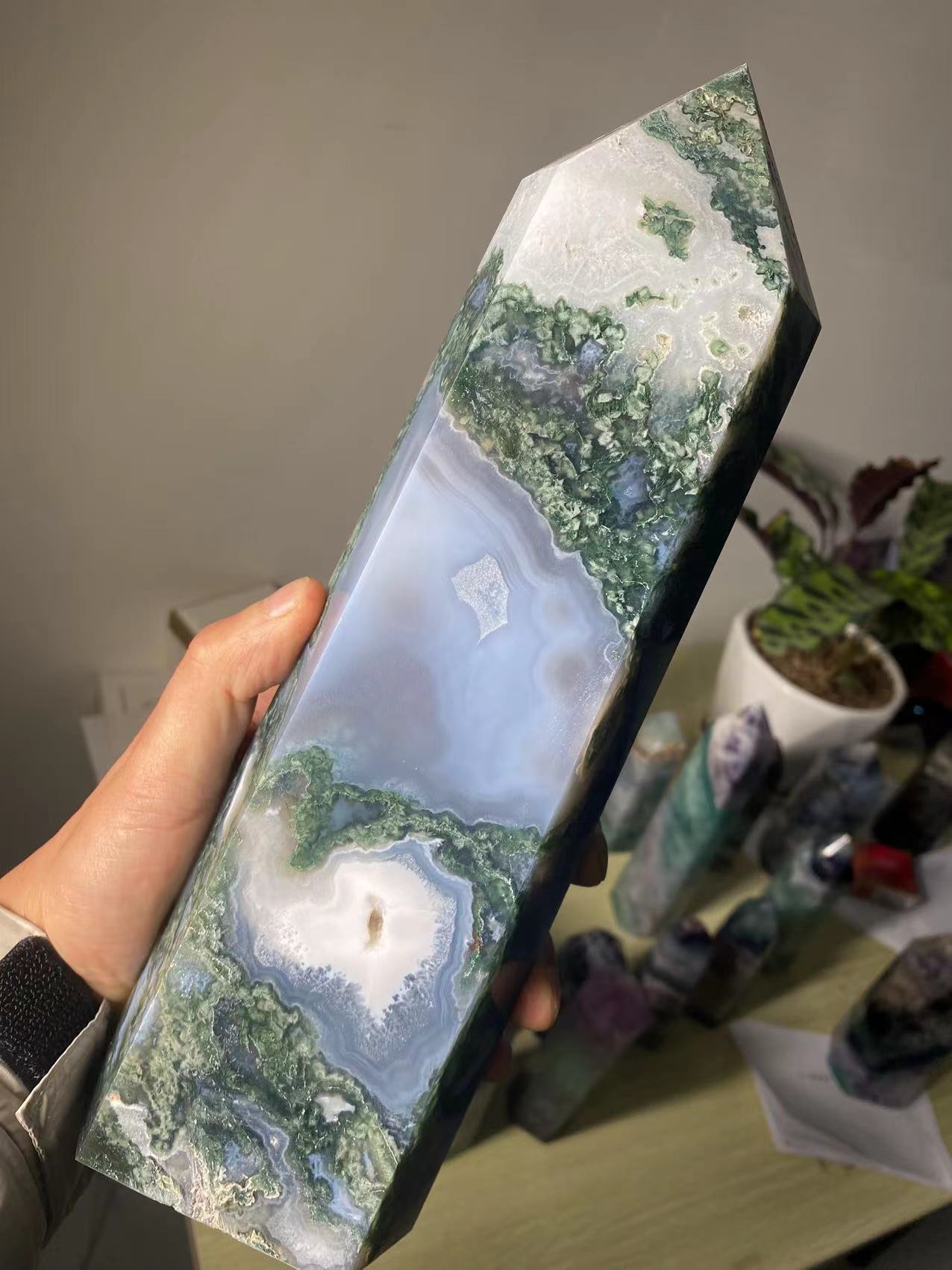 Natural Large Moss Agate Crystal Tower Ornament