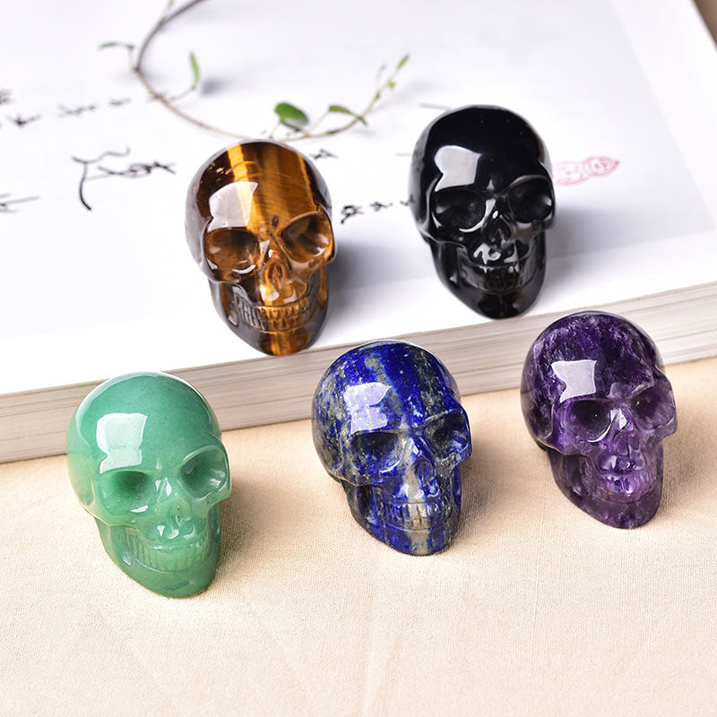 Natural Crystal Skull Head Amethyst Tiger Stone Aventurine Jade Ornament