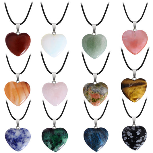 Hand-carved Love Heart Shaped Rough Stone Peach Heart Crystal Necklace