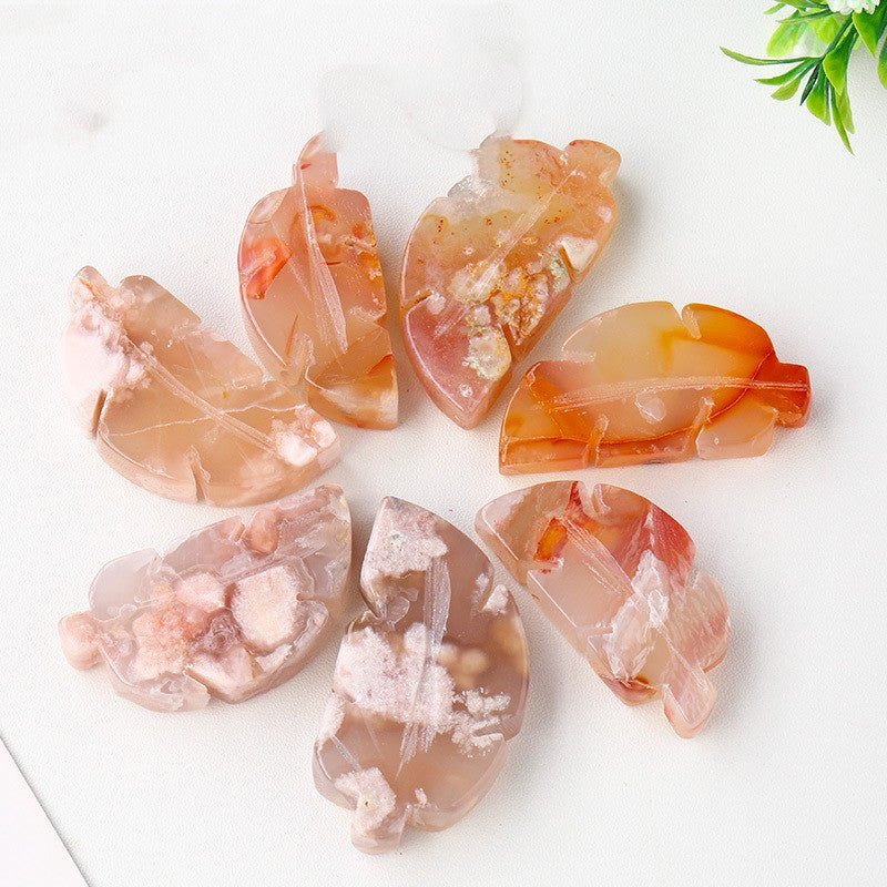 Natural Cherry Blossom Agate Crystal Leaf Pendant