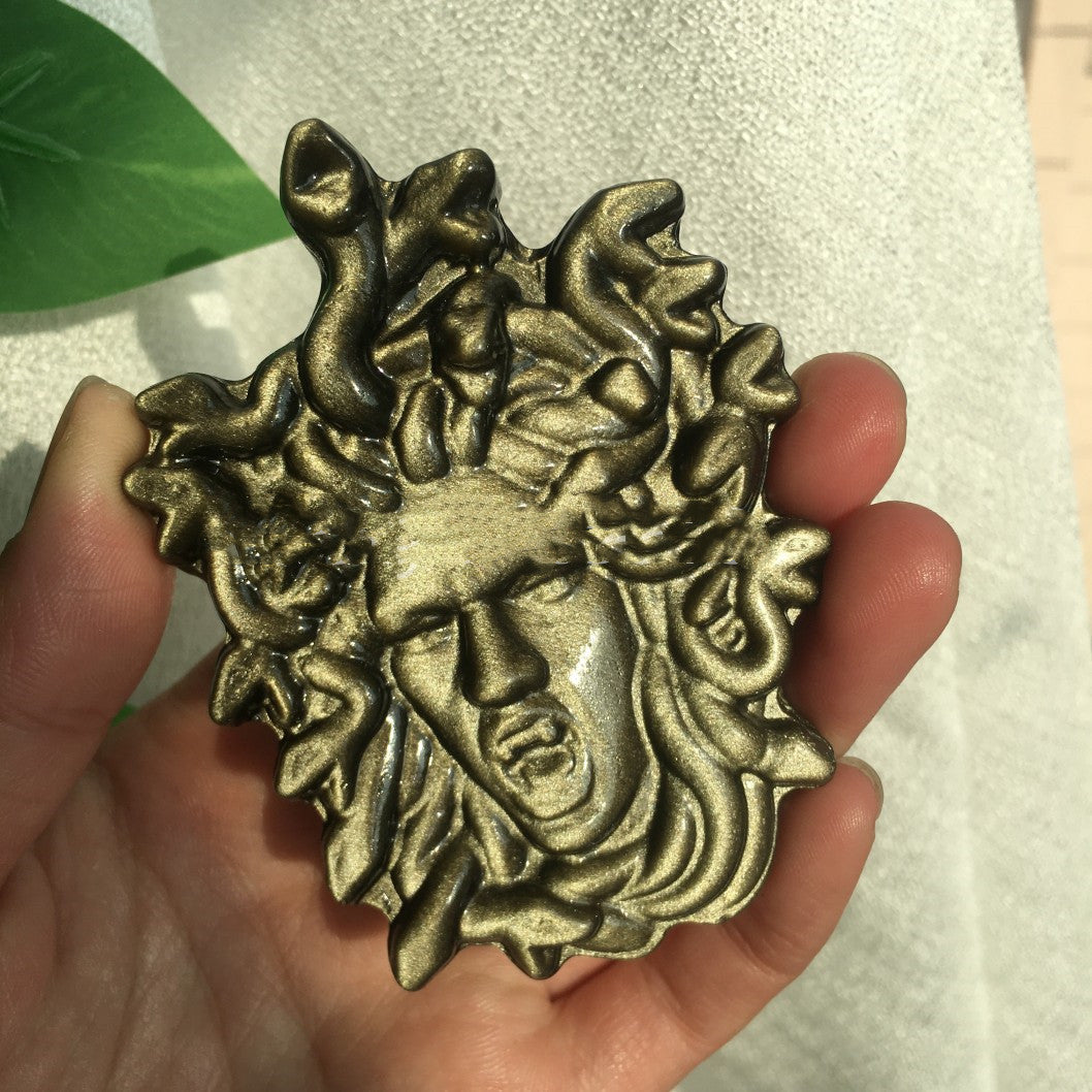 Natural Obsidian Medusa Carved Ornaments Home Office