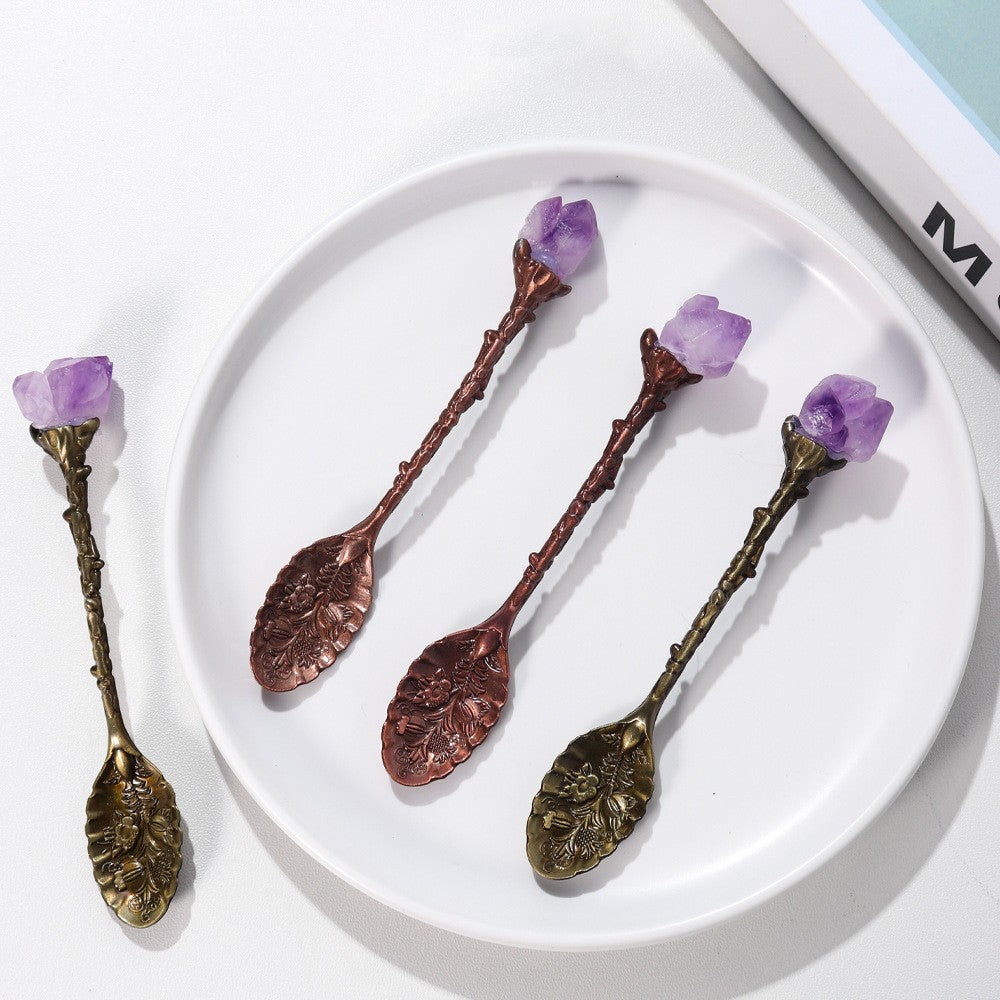 Donghai Natural Crystal Amethyst Tooth Brass Spoon