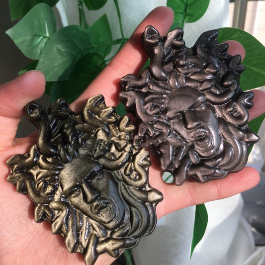 Natural Obsidian Medusa Carved Ornaments Home Office