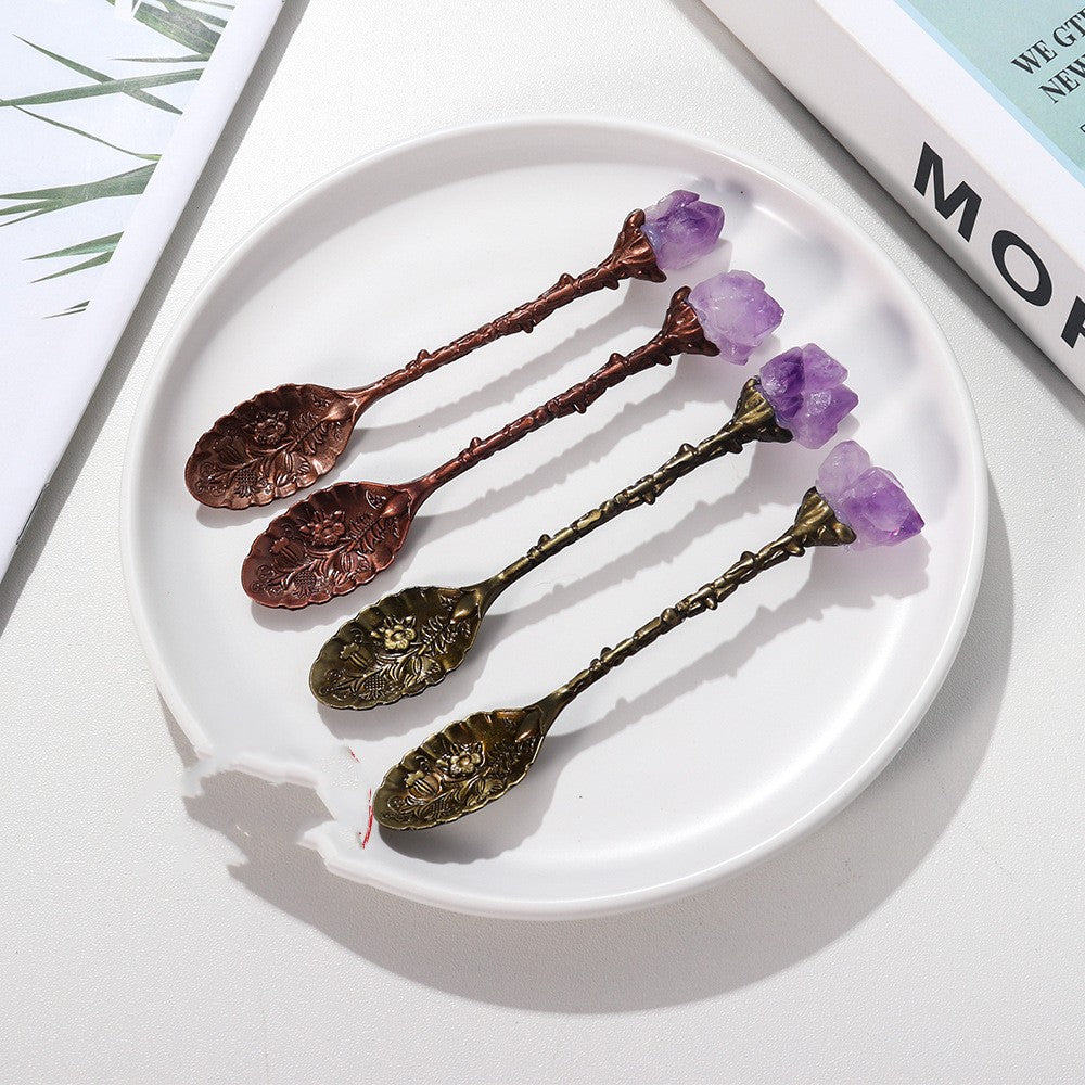 Donghai Natural Crystal Amethyst Tooth Brass Spoon