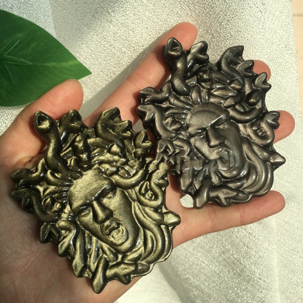 Natural Obsidian Medusa Carved Ornaments Home Office