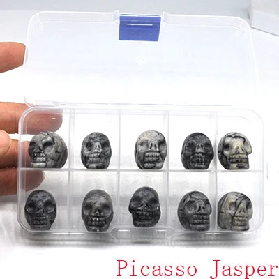 10Pcs/Set Skull Statue Natural Stones Carved Healing Crystals Ornament Reiki Witchcraft Supplies Gemstone Halloween Decorations